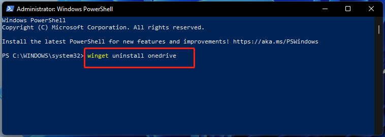 type and execute winget uninstall onedrive