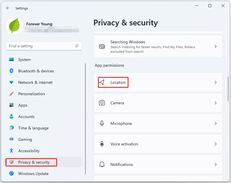 choose Privacy & security and location