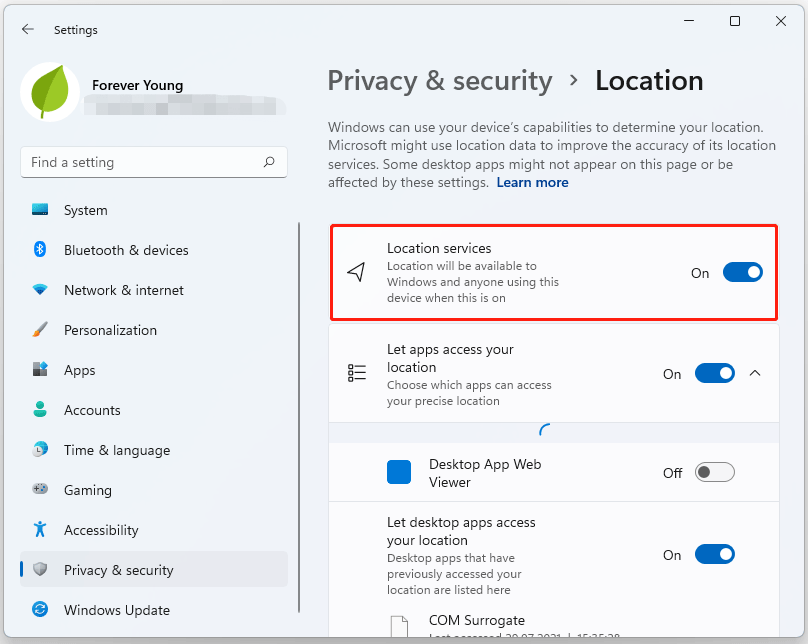 turn on or off Location services