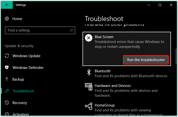 run the BSOD troubleshooter
