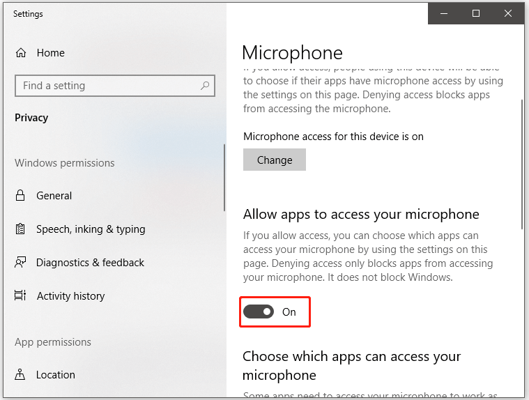 turn on the Allow apps to access your microphone option