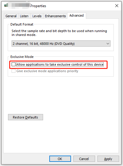 uncheck Allow applications to take exclusive control of this device
