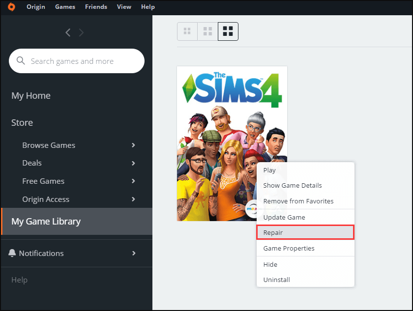 repair Sims 4 using Origin client