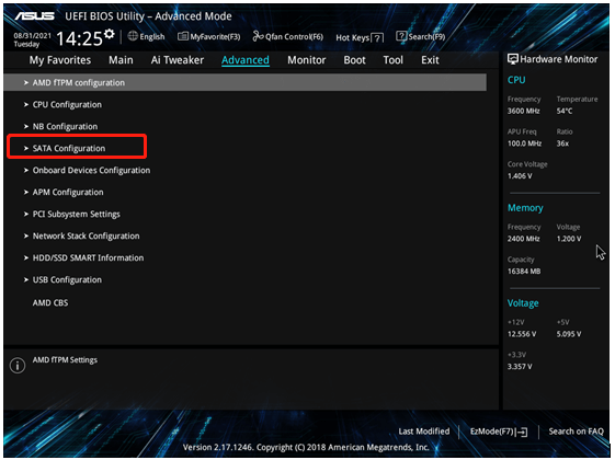 click SATA configuration