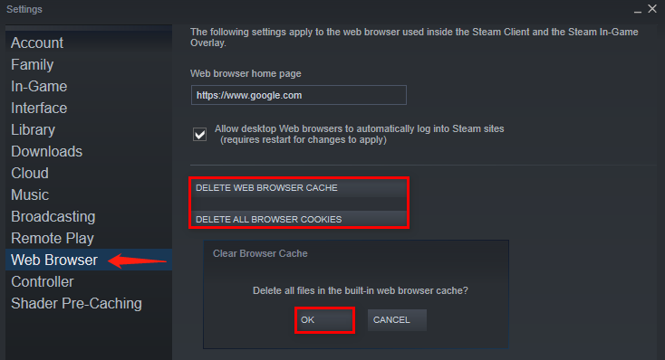 click on Delete Browser Cache Steam 