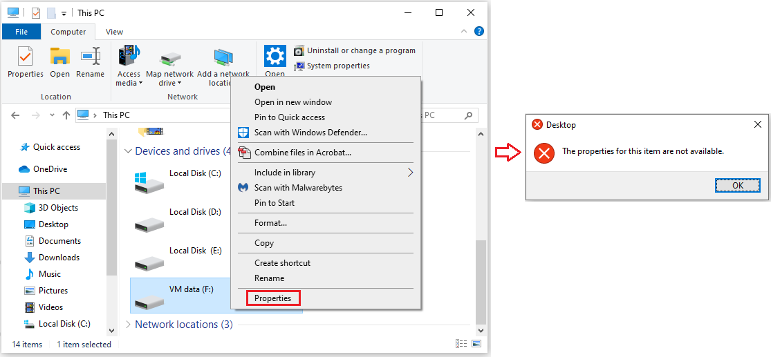 right-click properties not working Windows 10