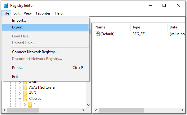 export registry keys
