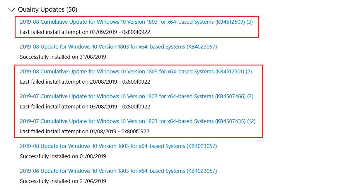 cumulative update for Windows 10 version 1803 failed
