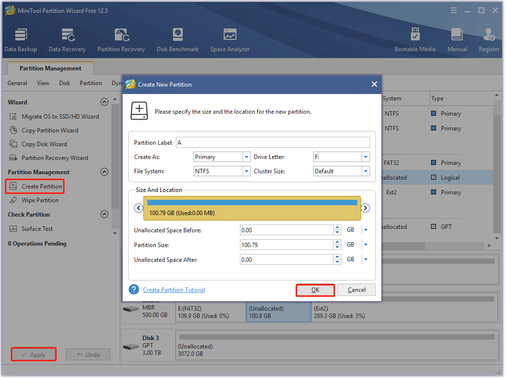 create a partition via MiniTool Partition Wizard