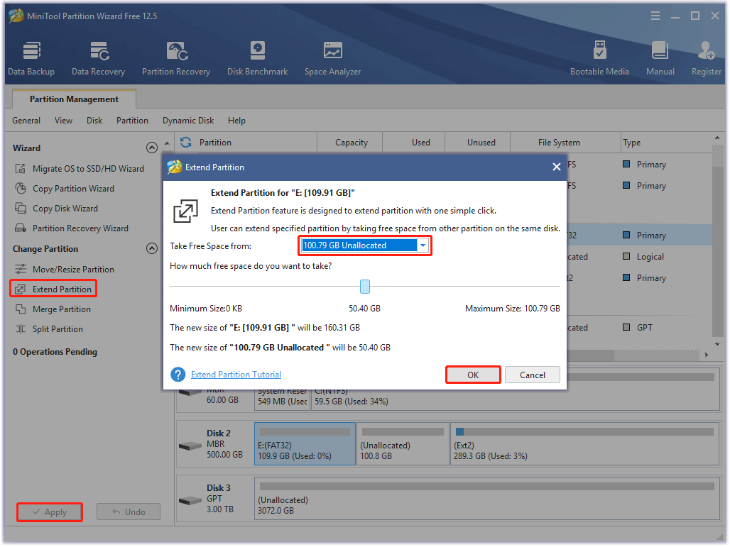 extend partition via MiniTool Partition Wizard