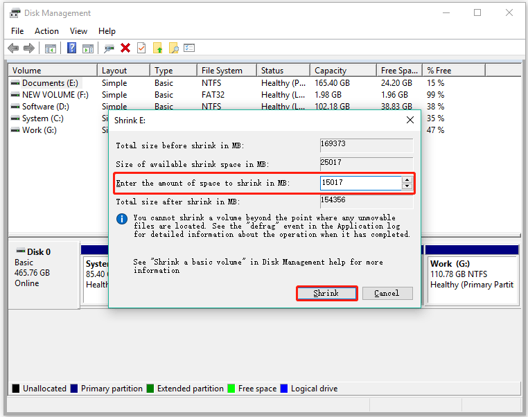 shrink a volume via Disk Management