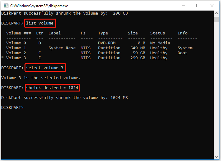 shrink volume using DiskPart