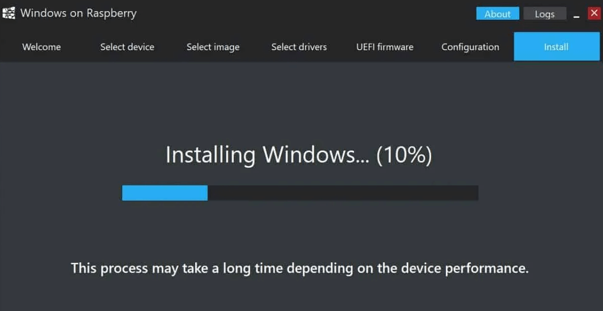start flashing Windows 10 Raspberry Pi 4 to the SD card