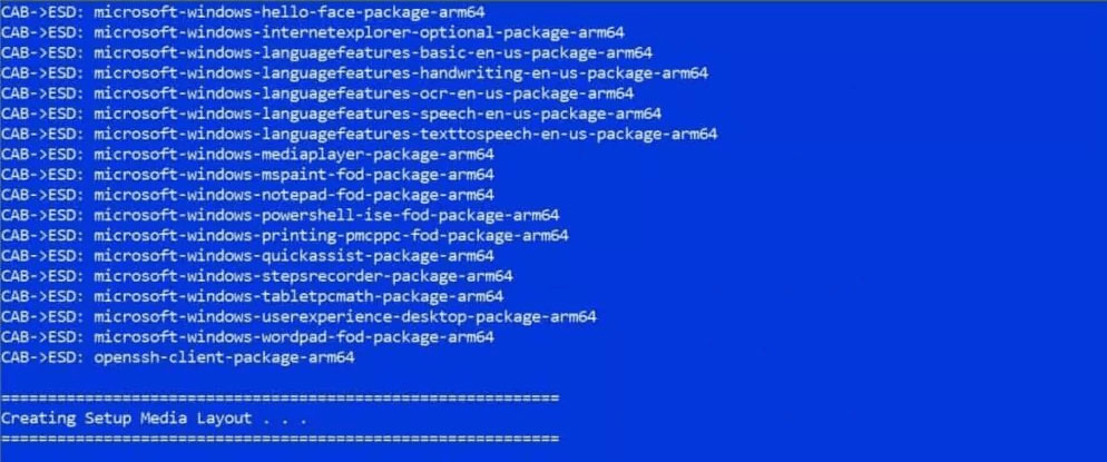 the UUP tool starts building Windows Raspberry Pi ISO file