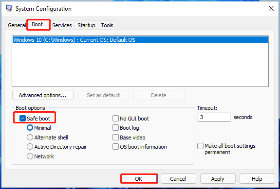 choose safe boot and click OK