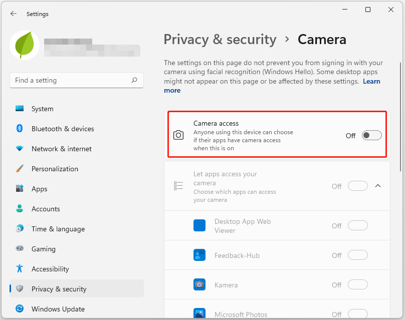toggle off the bar for Camera access
