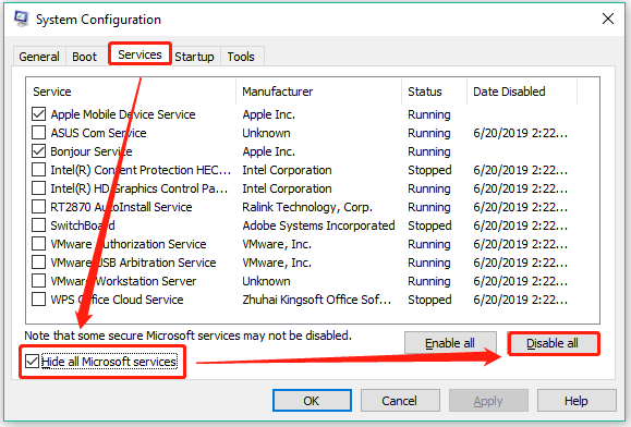 check Hide all Microsoft services