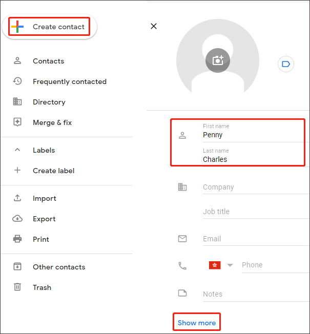 create a new contact on Google Contacts
