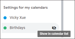 click the Show in calendar list icon