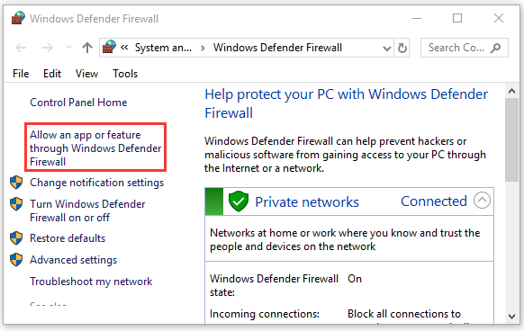 Επιτρέψτε μια εφαρμογή ή μια λειτουργία μέσω του τείχους προστασίας των Windows Defender