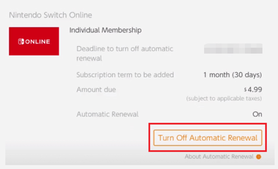 select Turn off Automatic Renewal on Nintendo