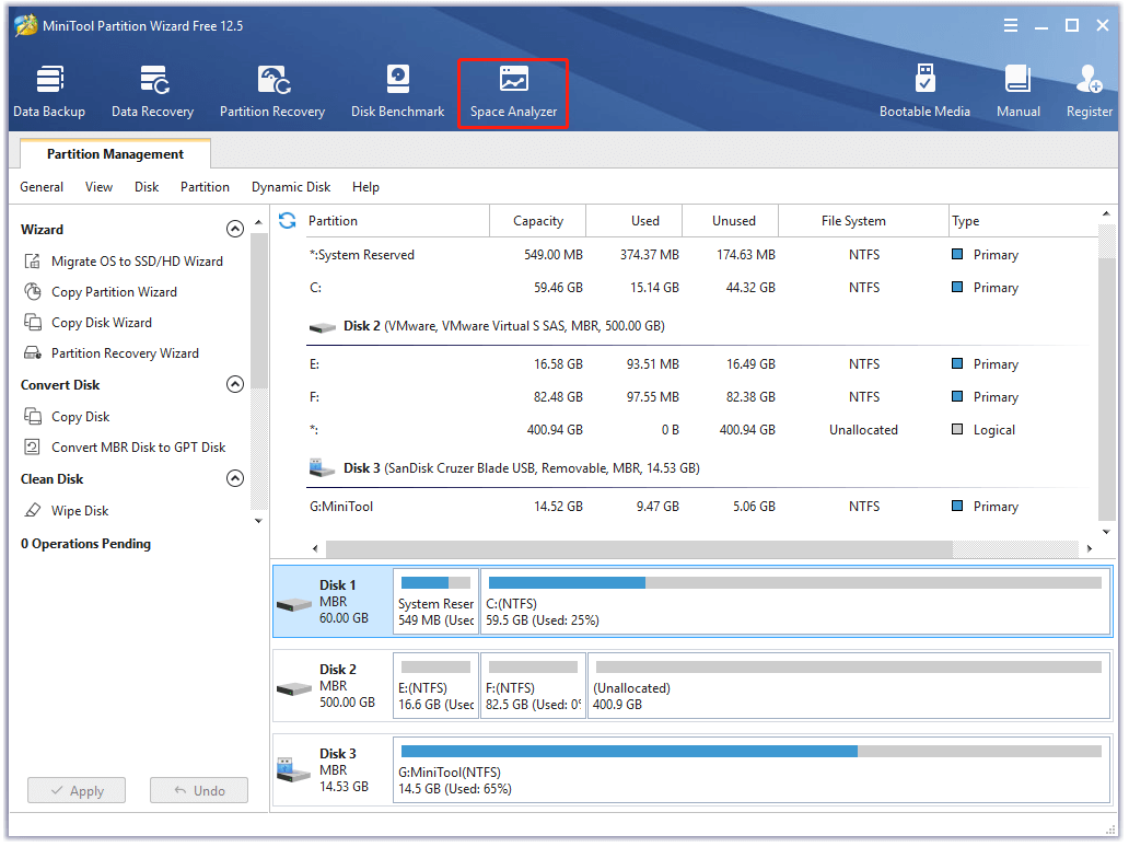 analyze disk space using MiniTool Partition Wizard