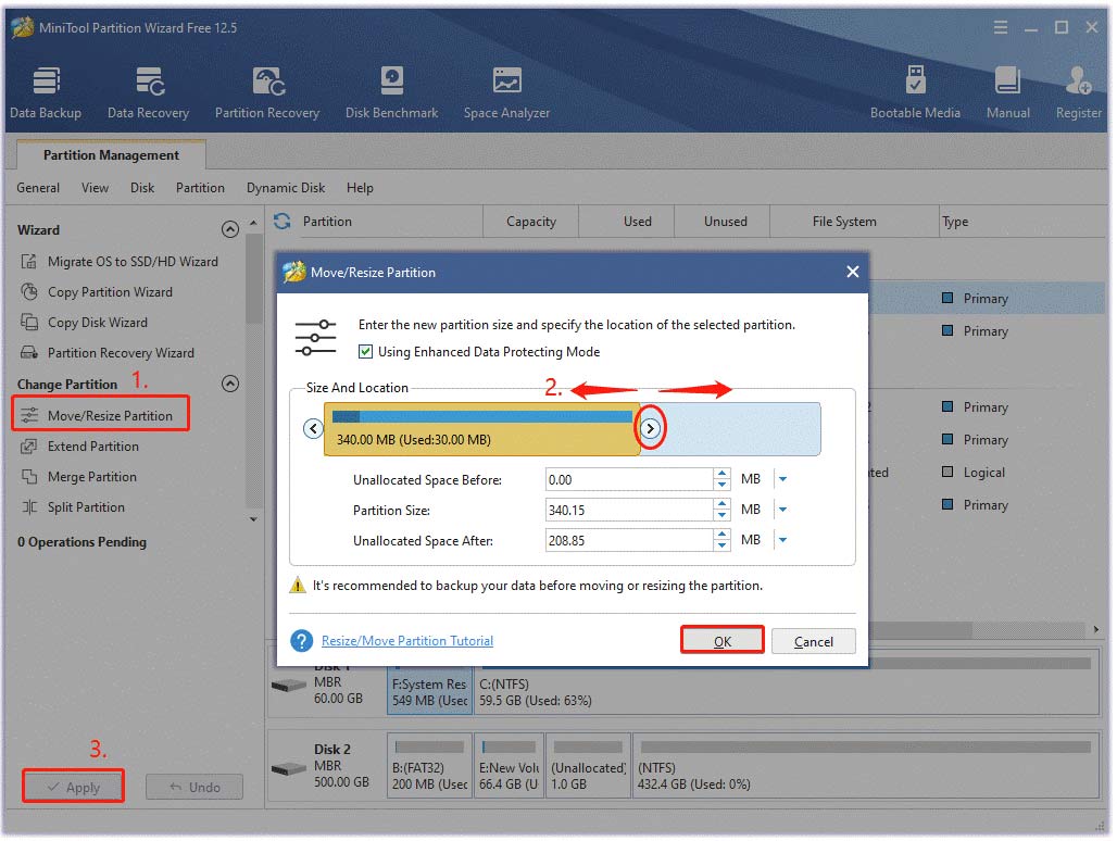 extend partition using MiniTool Partition Wizard