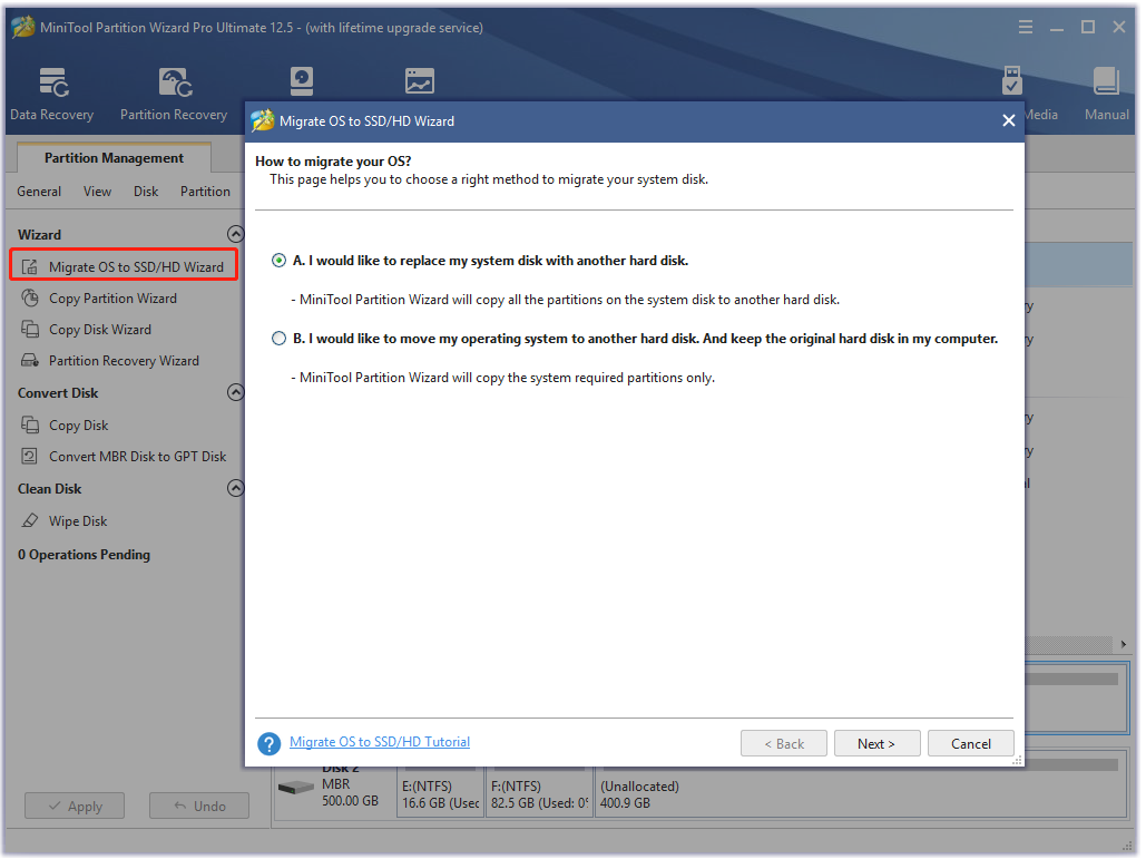 migrate OS using MiniTool Partition Wizard