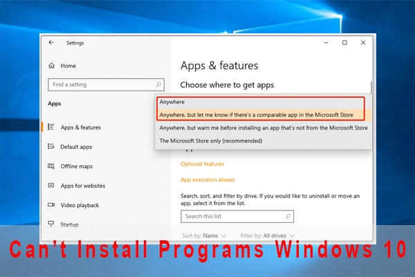 can't install programs windows 10
