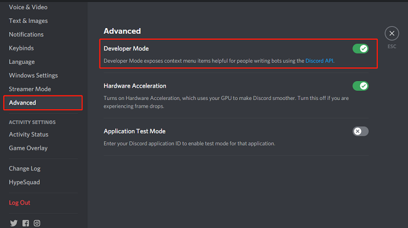 enable Discord developer mode
