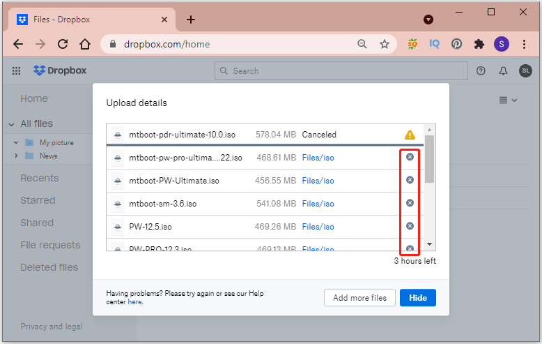 cancel Dropbox uploads
