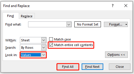 change options on the Find and Replace menu