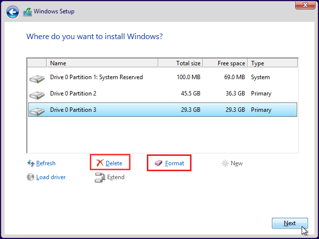 delete or format partitions when installing Windows