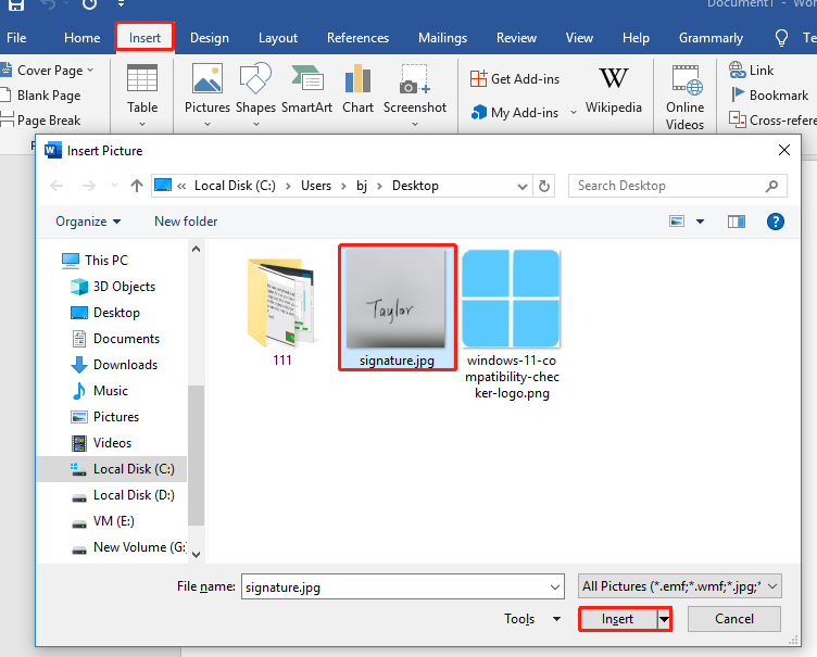 click insert to add it to your document