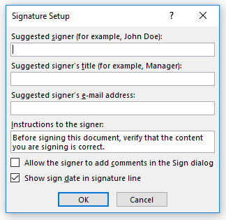 type information in the Signature Setup dialog box
