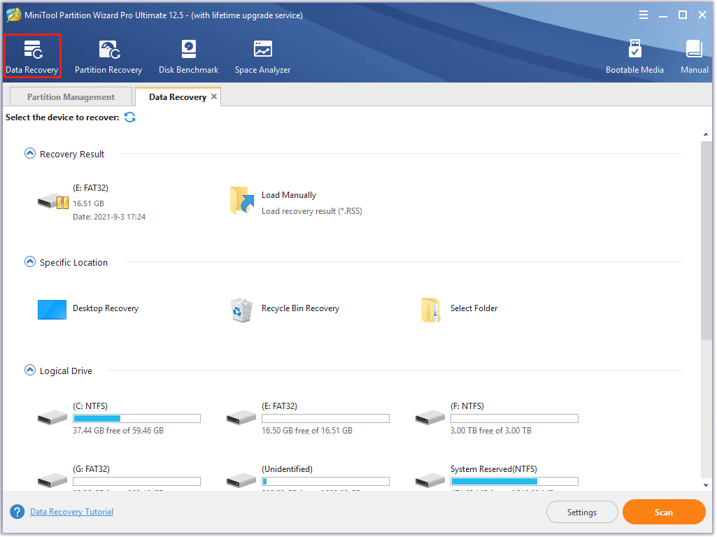 the Data Recovery function of MiniTool Partition Wizard