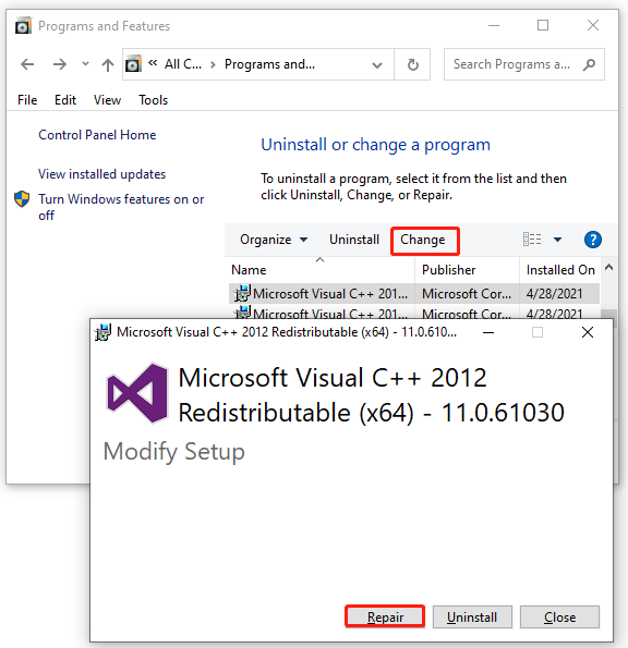 repair the Microsoft C redistributable package