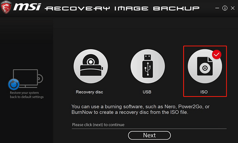 MSI recovery image backup