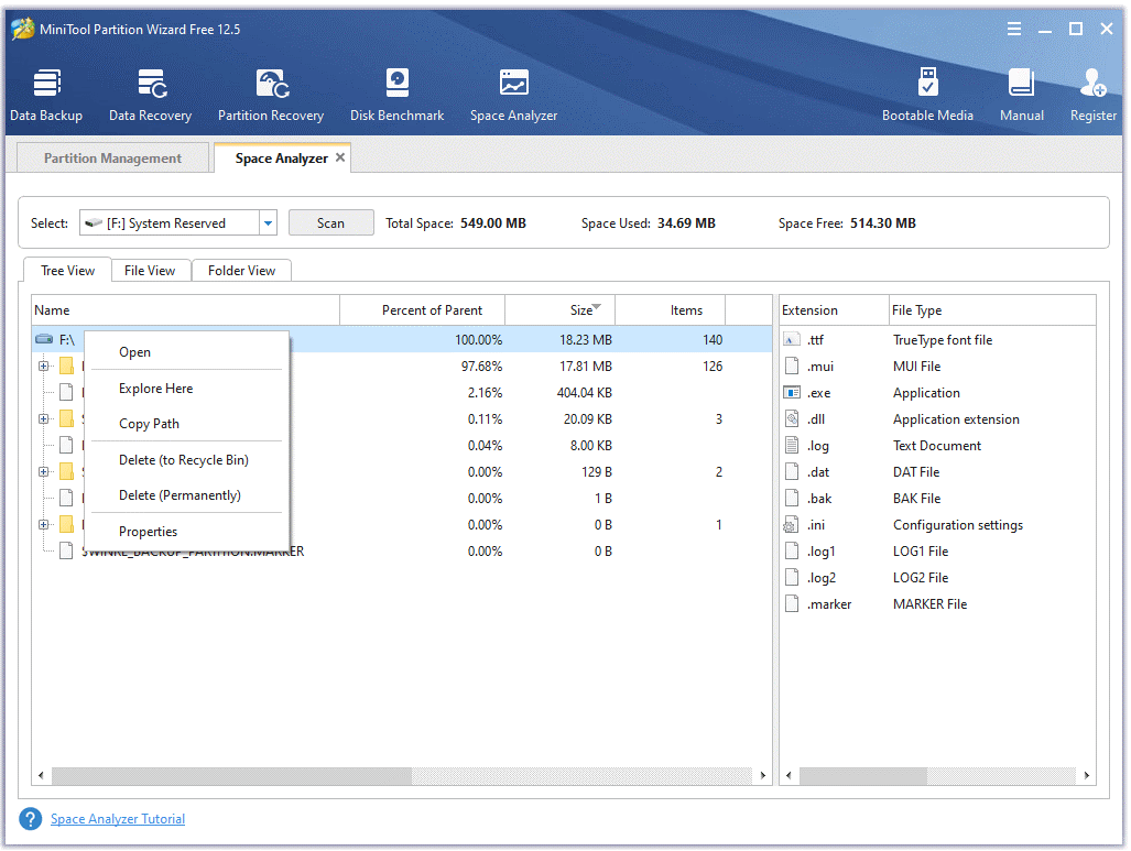 using MiniTool to analyze disk space