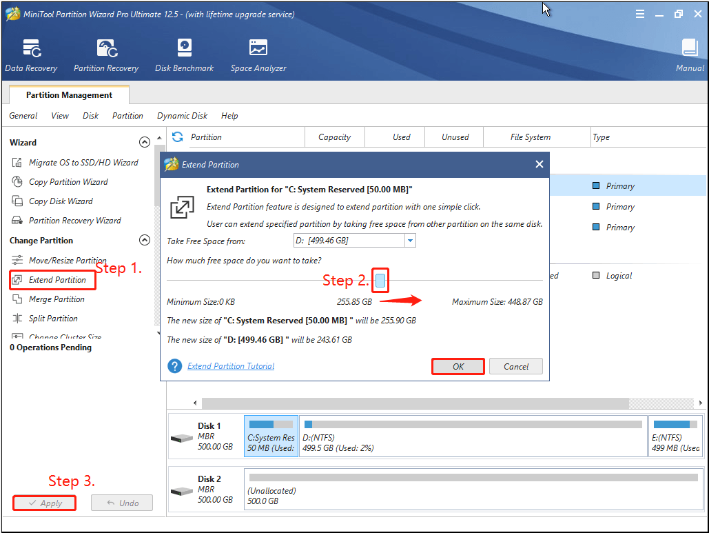 extend c partition using the MiniTool software