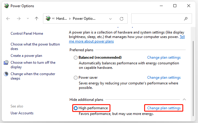 change power plan settings for high performance