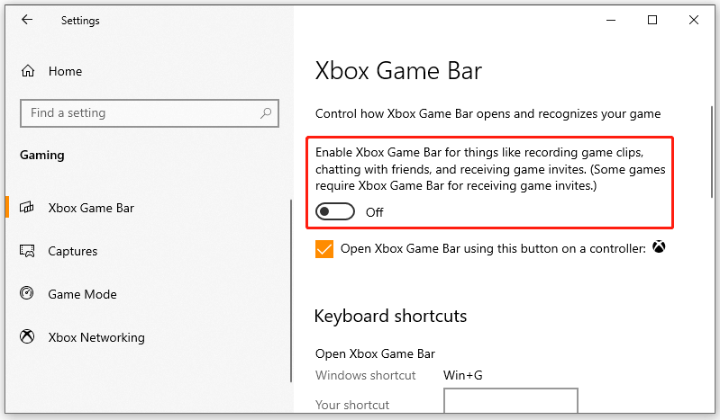 disable Windows 10 Xbox game bar
