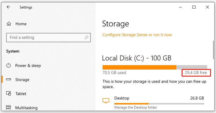 check free disk space in Settings