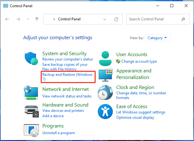 click on Backup and Restore Windows 11