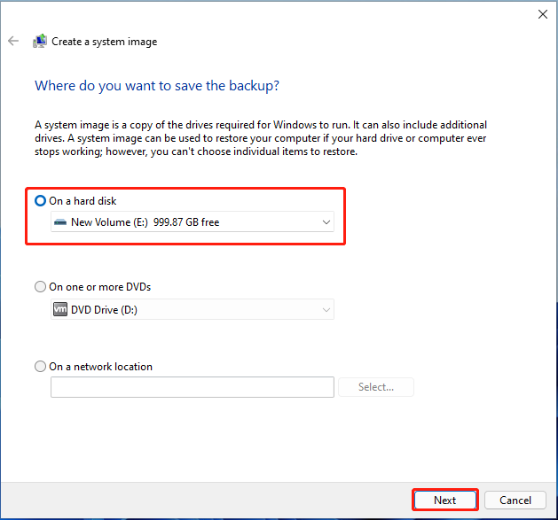 select a backup location Windows 11