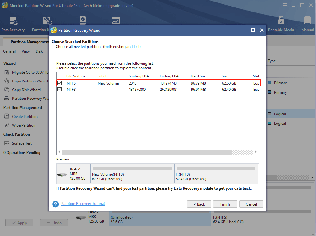 check the box before a lost or deleted partition