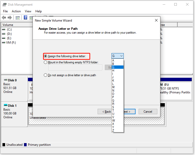 assign a drive letter for the new partition