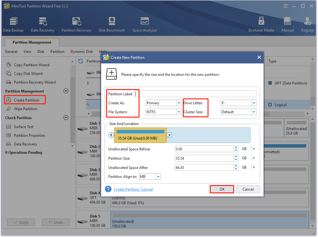 create VHDconfigure partition parameters
