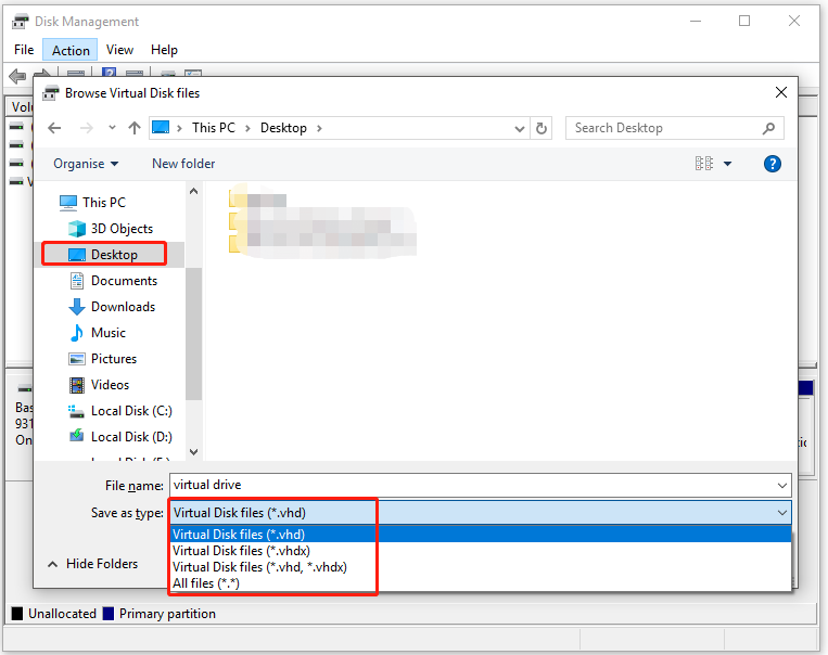 choose location and type file name of the virtual drive
