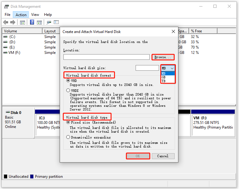 configure virtual hard disk settings